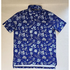 Ralph Lauren RLX Lg Mens Polo Golf Shirt Blue Floral Button Down Hawaiian Aloha